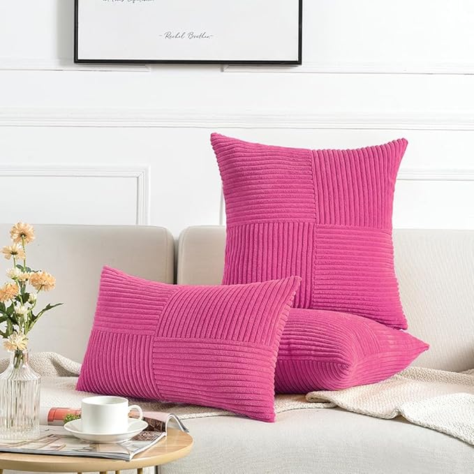 Fancy Homi 2 Packs Hot Pink Decorative Throw Pillow Covers 16x16 Inch for Living Room Couch Bed Sofa, Rustic Farmhouse Boho Home Decor, Soft Corss Patchwork Corduroy Textured Cushion Case 40x40 cm