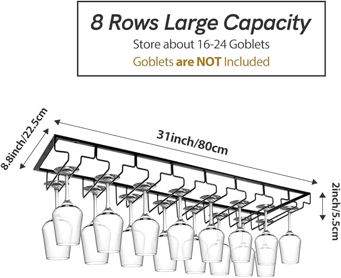 Xverycan Wine Glass Rack Under Cabinet, 8 Row Extreme Large Stemware Hanger, Metal Wine Goblet Holder, DIY Bar Glass Storage Rack for Bar Counter, Kitchen, Screws Included (Black)