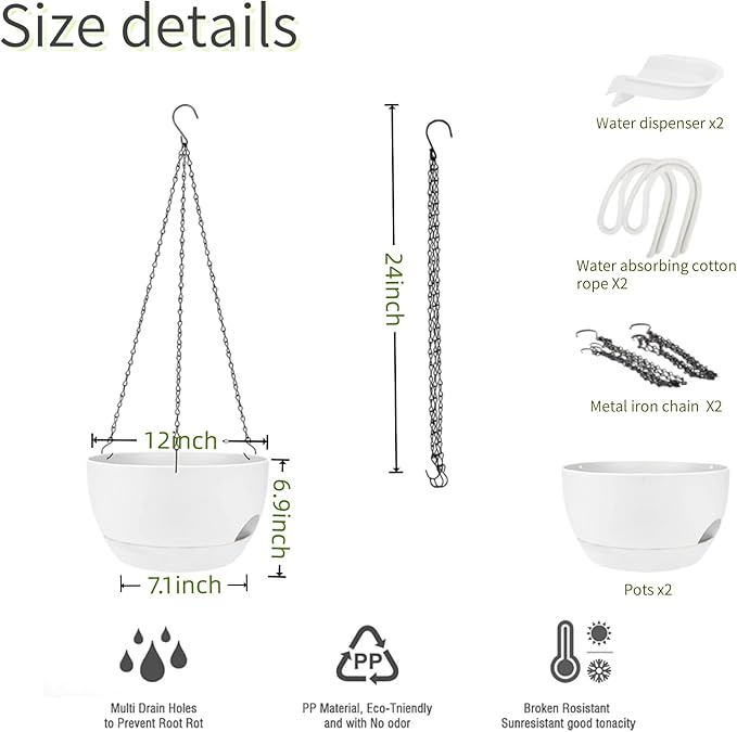2 Pack Hanging Planters for Indoor Outdoor Plants, 8 Inch Self Watering Hanging Pot with Drainage Holes and Saucer, Plastic Plant Pots, White Flower Pots for Kitchen, Balcony, Garden