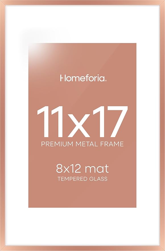 Homeforia 11x17 Picture Frame Rose Gold, High End Metal 11x17 Poster Frames with Mat 8x12 Photo, 11 x 17 Rose Gold Frames Matted to 8 by 12 Print, 17x11 Thin Frames, Tempered Glass, Wall Kit, Set of 1