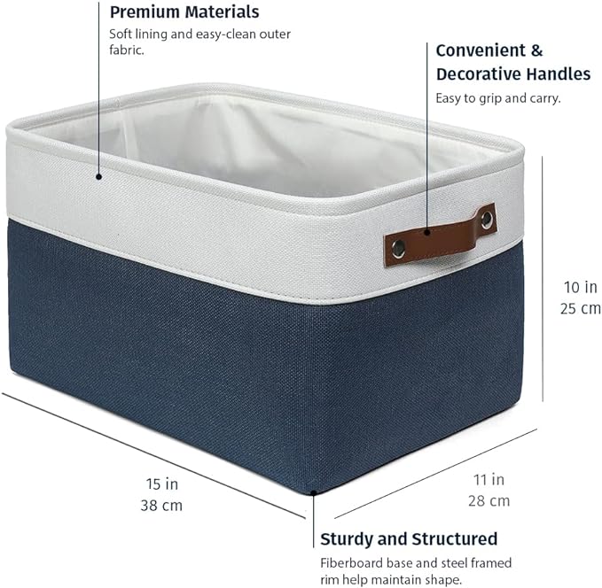 OrganiHaus Large Fabric Storage Bins for Shelves 3 Pack, 15x11in Closet Storage Bins for Shelves, Cloth Baskets & Closet Organizers, Fabric Basket, Navy Blue/White