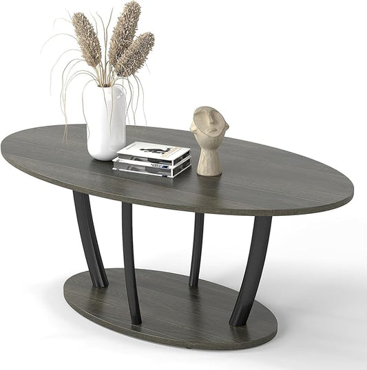 Manora Small Oval Coffee Table with Storage, Rustic Farmhouse Industrial Center Table for Living Room, VintageTea Table for Small Spaces, Gray