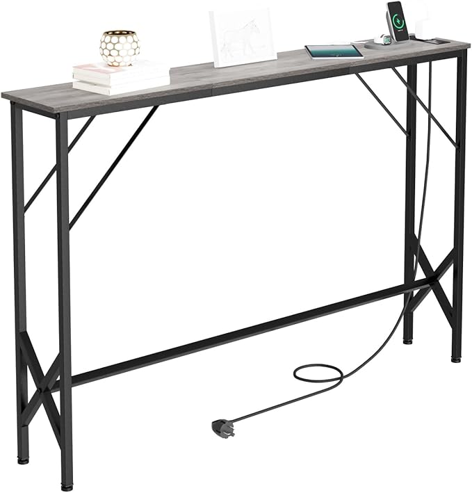 47.2'' Console Table, Skinny Entryway Table with Fast-Charging Station, Narrow Long Sofa Table, Behind Slim Couch Table for Entrance, Hallway, Living Room Decor ST-GY120-1