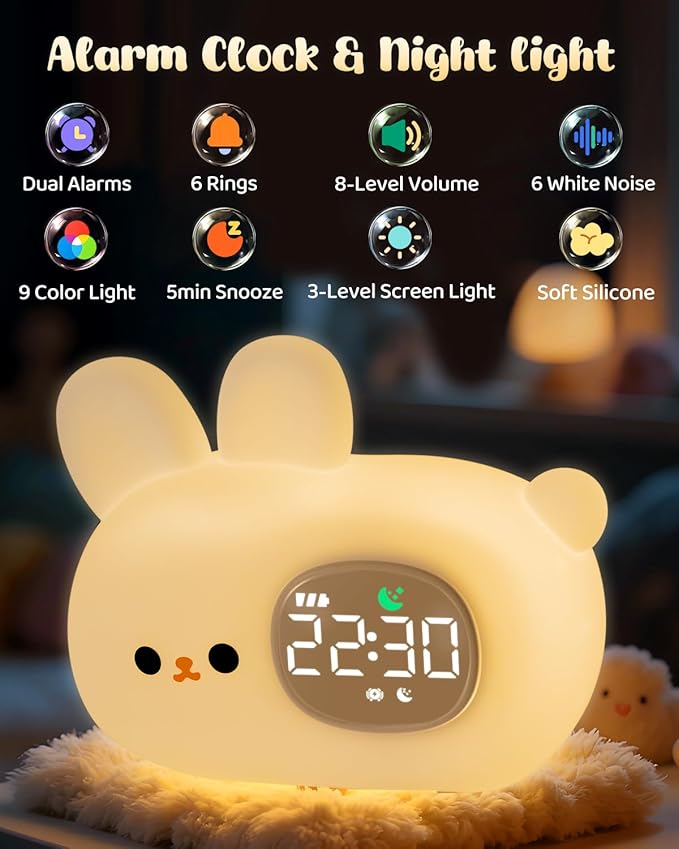 Bunny Alarm Clock for Kids with Night Light, Sleep Training Clock Time to Wake Clock, Rechargeable Silicone Light for Bedroom, Perfect Sleep Companion for Boys Girls
