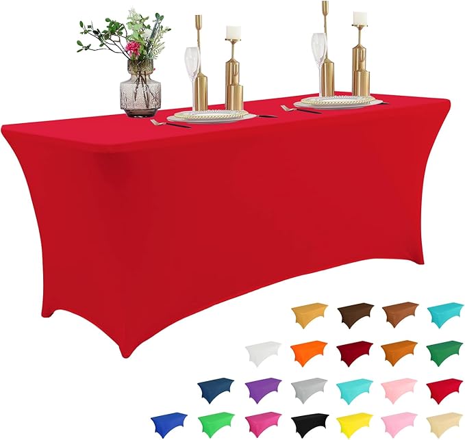 IVAPUPU 6FT Table Cloth for Rectangular Fitted Events Stretch Red Table Covers Washable Cover Spandex Tablecloth Protector for Party, Wedding, Cocktail, Banquet, Festival