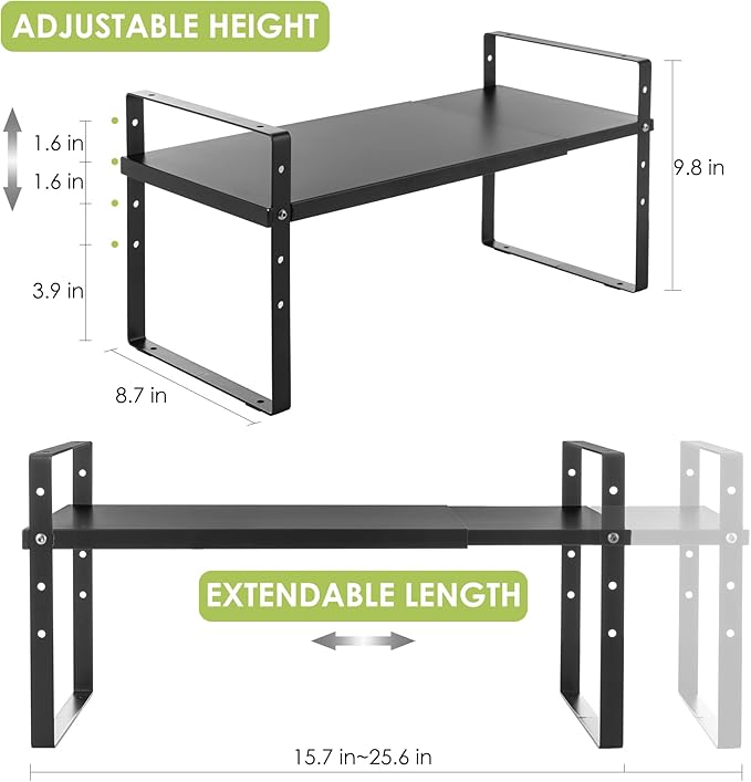 Expandable Cabinet Shelf Organizer Rack, Stackable Kitchen Counter Storage Shelves Stand, Adjustable Height Pantry Shelf Spice Rack (Black, 1 Pack)