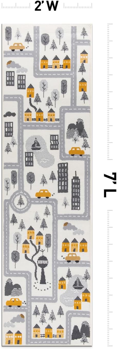 Rugshop Kids Play Road Rug for Playroom,Kidsoom,Nursery Room Interactive Cityscape for Cars and Toys Indoor Soft Runner Rug 2'x7' Cream