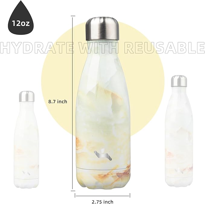 Insulated Water Bottles,12 oz Double Wall Stainless Steel Vacumm Metal Flask for Sports Travel,Marble Jade