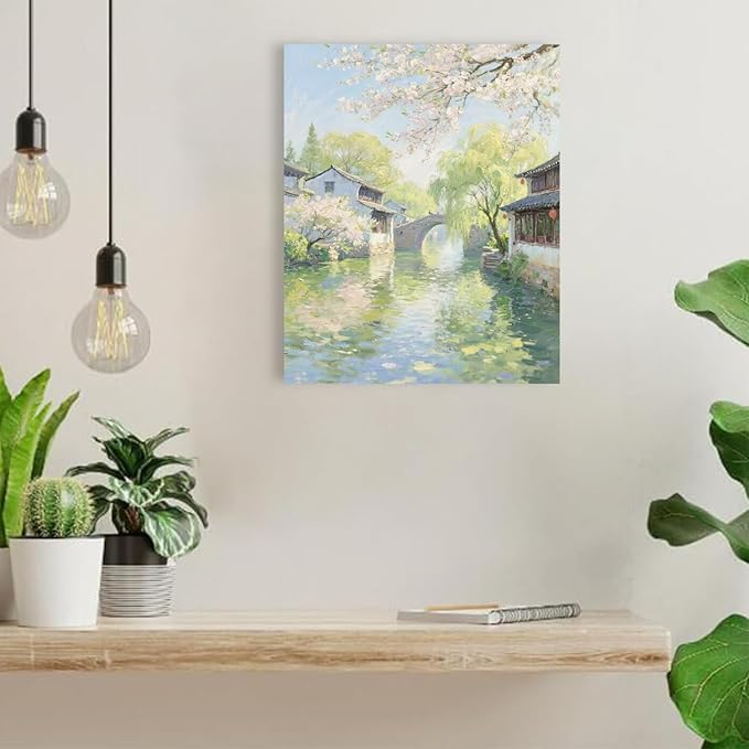Small bridge stream house Jiangnan style landscape poster suitable for living room bedroom office natural oil painting poster