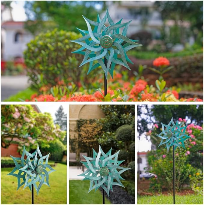 Viveta Metal Wind Spinners,53.5" Kinetic Wind Sculptures,Green Garden Pinwheels Double Layer Windmill for Outdoor Patio Lawn Yard