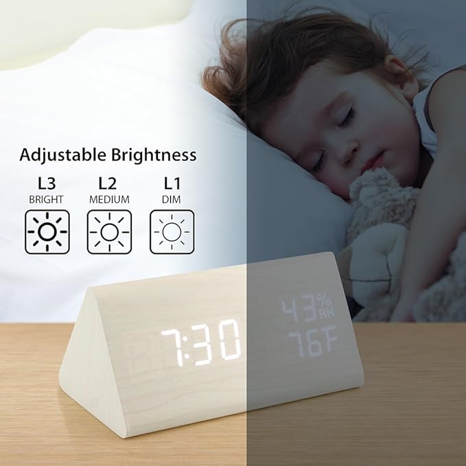 OCT17 Wooden Alarm Clock, Wood Alarm Clock Smart LED Digital Clock for Bedroom/desks, Upgraded with Time Temperature, Adjustable Brightness and Voice Control, Humidity Displaying - White