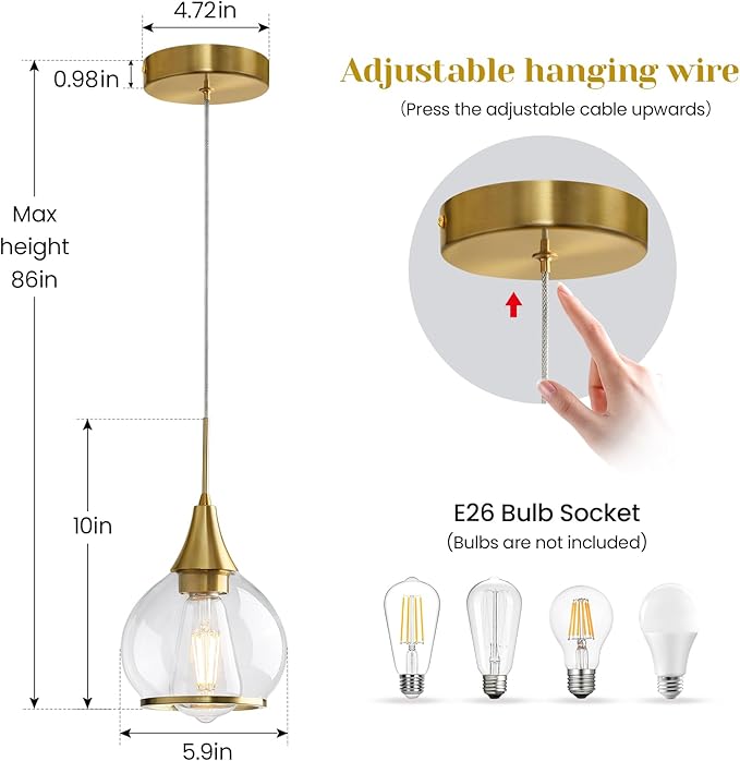 Pendant Light Fixtures Kitchen: 2 Pack Modern Gold Island Light with Clear Glass - 6 Inch Mid Century Globe Kitchen Lighting Chandeliers Ceiling for Foyer Bedroom