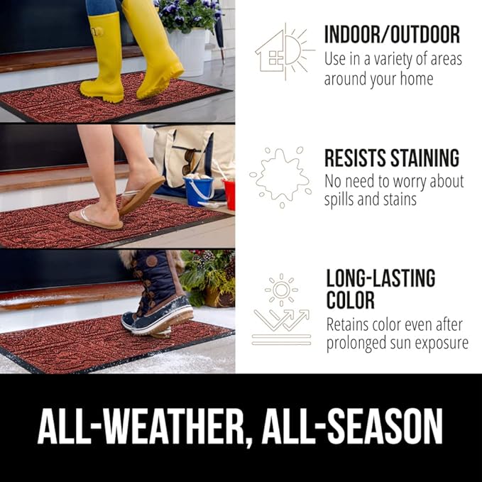 GORILLA GRIP 100% Waterproof All-Season WeatherMax Doormat 35x23, US Designed Natural Rubber, Stain and Fade Resistant, Low Profile Indoor Outdoor Door Mats, Easy Clean Patio Mat, Burgundy Leaves