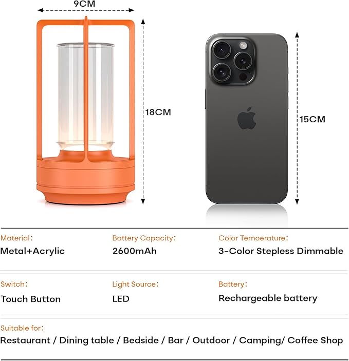 Portable Metal Table Lamp for Indoor/Outdoor ,Rechargeable Cordless LED Lamp, 3-Colour Infinitely Dimming Battery Powered Small Desk Lamp, Restaurant/Bedroom/Bar/Coffee Shop/Camping Light (Orange)