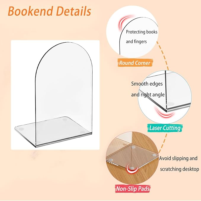 Lulonpon 16 Pieces Book Ends, Bookends, Books End for Shelves, Books End for Heavy Books, Clear Bookends, Acrylic Book Ends for School, Library,Desktop Organizer and Book Shelves