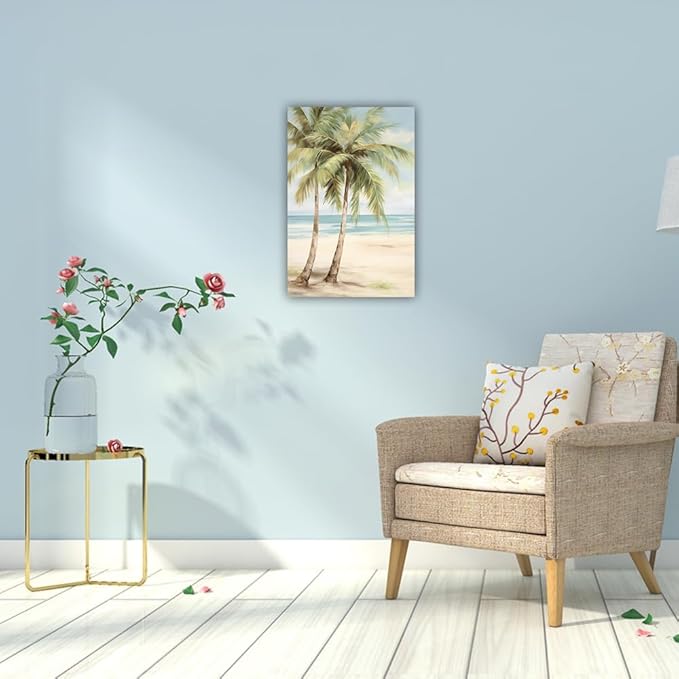 LURENCZH Tropical Beach Canvas Wall Art Seaside Palm Tree Picture Wall Decor Ocean Scenery Painting Prints for Bathroom Decor Framed(Beach-2,20.00" x 30.00")