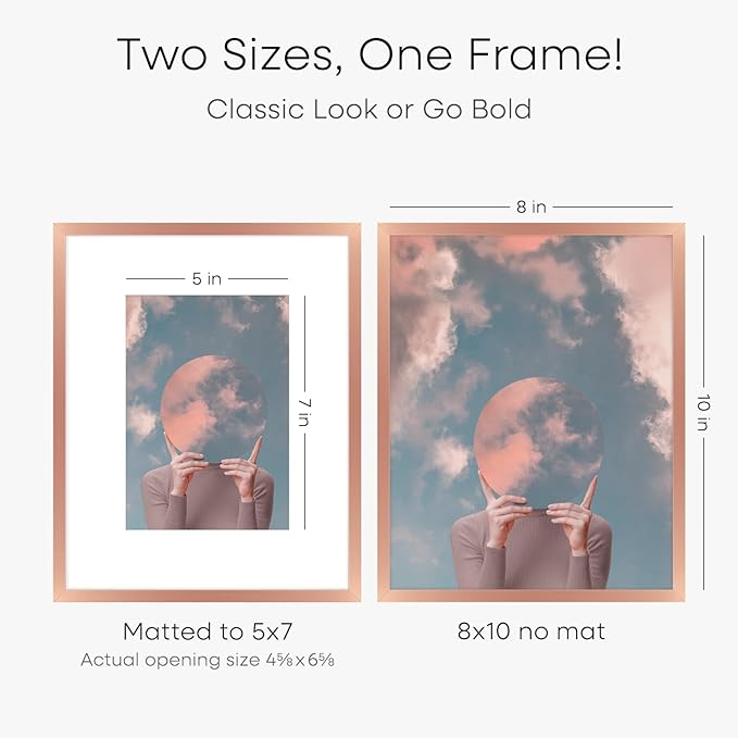Homeforia Rose Gold 8x10 Picture Frame, High End Metal 8 x 10 Poster Frames with Mat 5 by 7 Print, 10x8 Thin Frame Matted to 7x5 Photo, 8by10 Wall or Tabletop Frame, Tempered Glass, Wall Kit, Set of 1