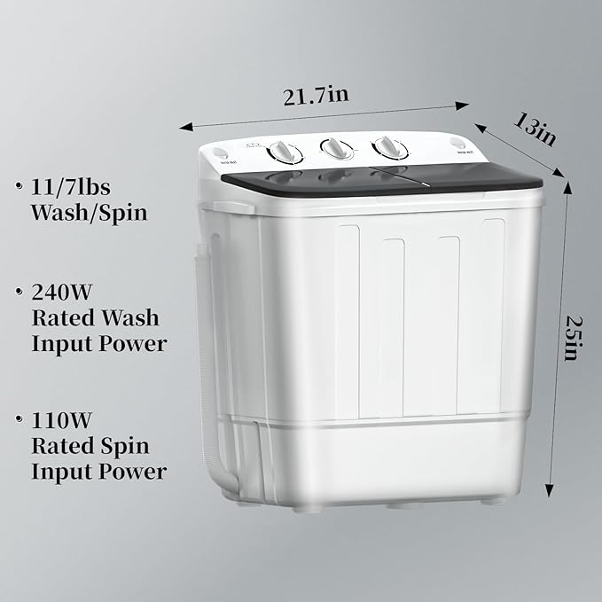Portable Mini Twin Tub 18lbs Washing Machine With Drying Rack& 10 Hangers, 11lbs Washer & 7lbs Spinner, Small Laundry Washer with Time Control for Camping, Apartments, RV (18lbsBlack)