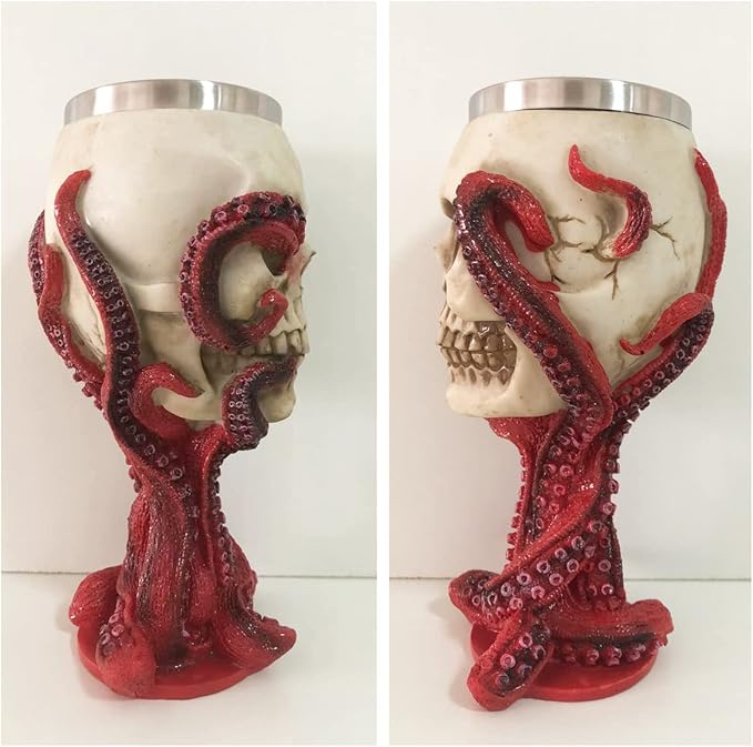 Skull Goblet Chalice Wine Cups Medieval Chalice Skull Cup Stainless Steel 3D Whisky Shot Glasses Realistic Resin Octopus Tentacle Beverage Halloween Drinking Cup Novelty