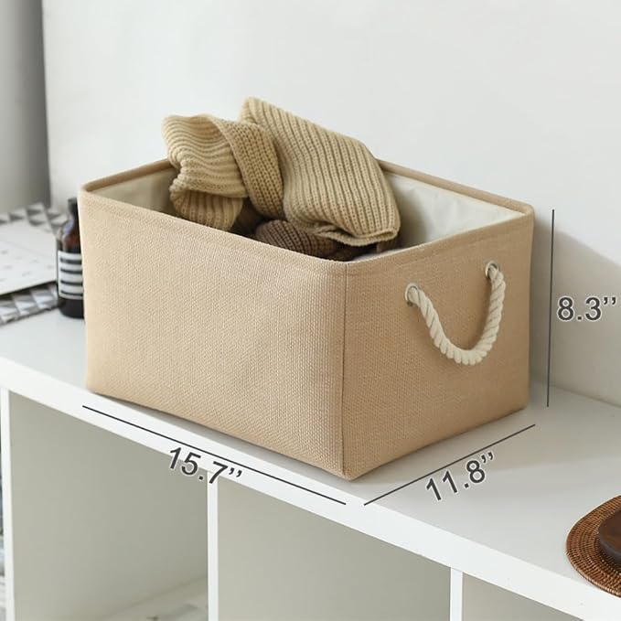 TheWarmHome Organization and Storage Bin for Shelves - Large 3 Pack 16x12x8 inch Storage Basket for Organizing, Canves Storage Cubes for Organizer Toy Closet Cloth Gift (Beige)