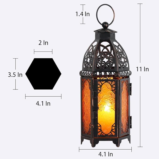 NEEDOMO Set of 2 Moroccan Lanterns Decorative Indoor & Outdoor, Hanging Candle Lantern, 11'' Vintage Candle Holder, Metal Lanterns Decorative, Table, Patio, Porch, Shelf, Gothic Home Decor (Amber)