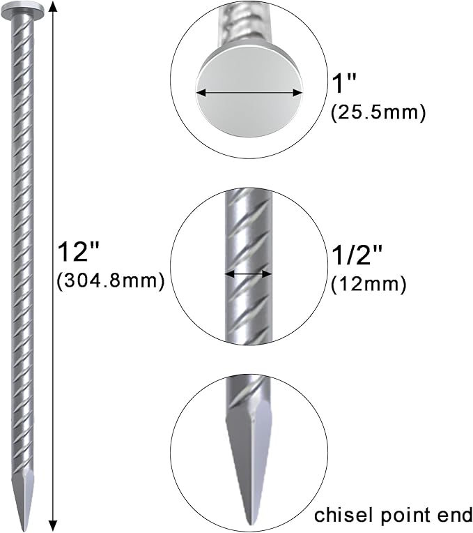 VVOKGO 12 Inch Rebar Stakes Metal Asphalt Anchoring Spikes Ground (16pcs), 1/2 Inch Diameter Galvanized Landscape Anchors Heavy Duty for Speed Bump, Handicap Threshold Ramps, Parking Limits Curb, Tarp