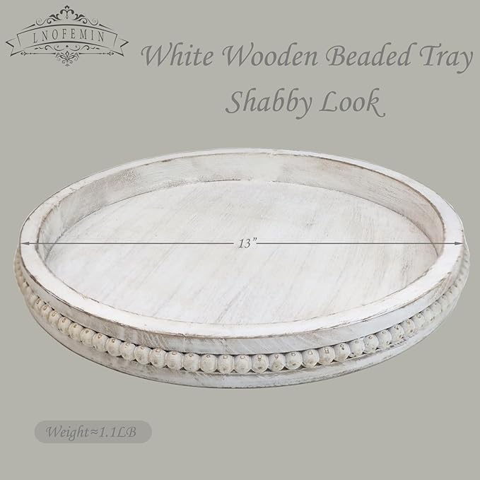 Round Wood Serving Tray with Beads, White Washed Wooden Decorative Tray for Entertaining, Decoration, and Gifting