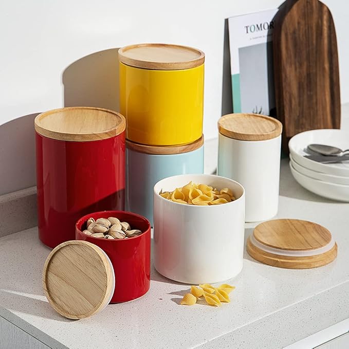 Sweejar Kitchen Canisters Ceramic Food Storage Jar, Stackable Containers with Airtight Seal Wooden Lid for Serving Coffee Bean, Flour, Tea, Spice and More - 39 Fl Oz (White)