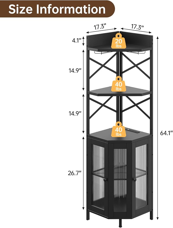 Corner Bar Cabinet with Power Outlet, 5-Tier Corner Wine Cabinet with Led Strip and Glass Holder, Industrial Tall Liquor Cabinet Bar Wine Rack for Home，Black