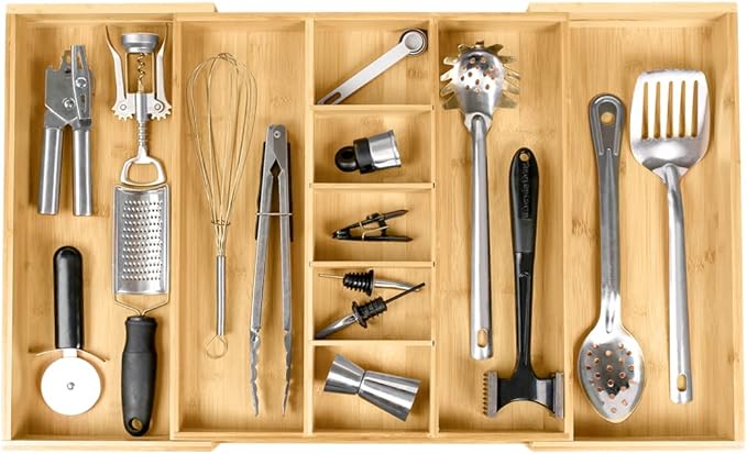 Adjustable Kitchen Drawer Organizer for Utensils and Junk, Food-Safe Contract Grade with 100% Sustainable Wood, Expandable from 16 to 28 Inches Wide - Natural Bamboo