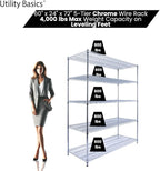 60"x24"x72" Chrome 5-Tier PREMIUM Wire Shelving NSF 4000 LBS MAX CAPACITY Heavy Duty Steel Storage Rack for Warehouses, Garages, Hospitals, Commercial Spaces, & Schools w/PREMIUM WHEELS