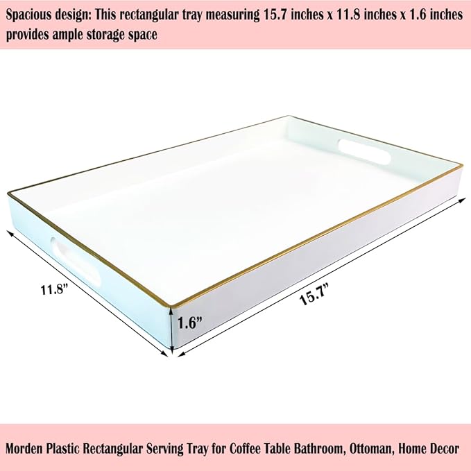 Large White Rectangular Decorative Tray – Plastic Serving Tray with Handles for Coffee Table, Ottoman, Living Room, 15.7” x 11.8” x 1.6