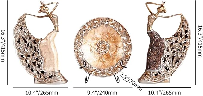 homary 3PCS Peacock Dancer Figurines Statue Vintage Romantic Resin Sculpture Set Decorative Ornaments for Office Desktop Bookshelf Decor, Gold