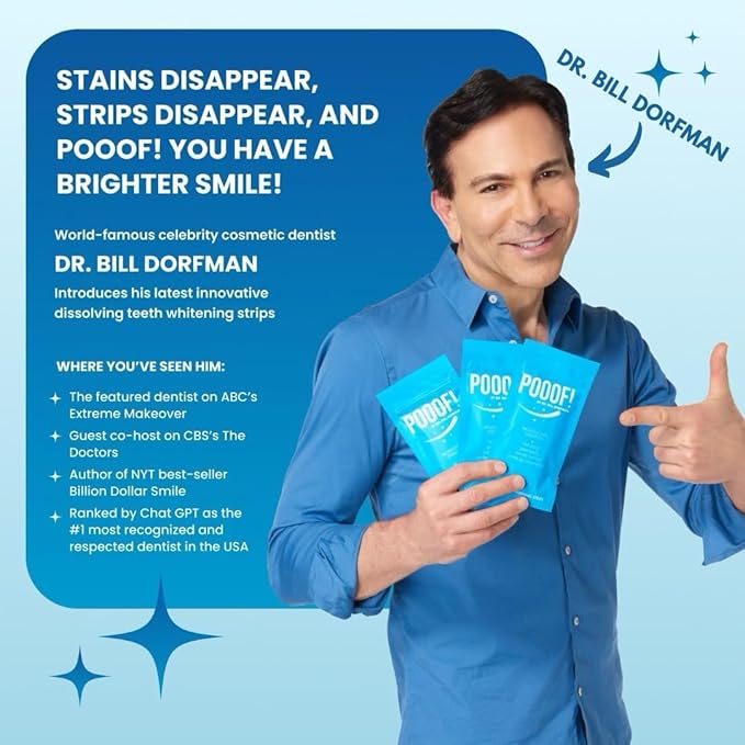 POOOF! Dissolving Teeth Whitening Strips by Dr. Bill Dorfman | 12% Hydrogen Peroxide | No-Slip Melt-Away Advanced Seal | Fast Stain Removal | Enamel & Sensitive Safe | 20 Ct (10-Day) | Polar Mint