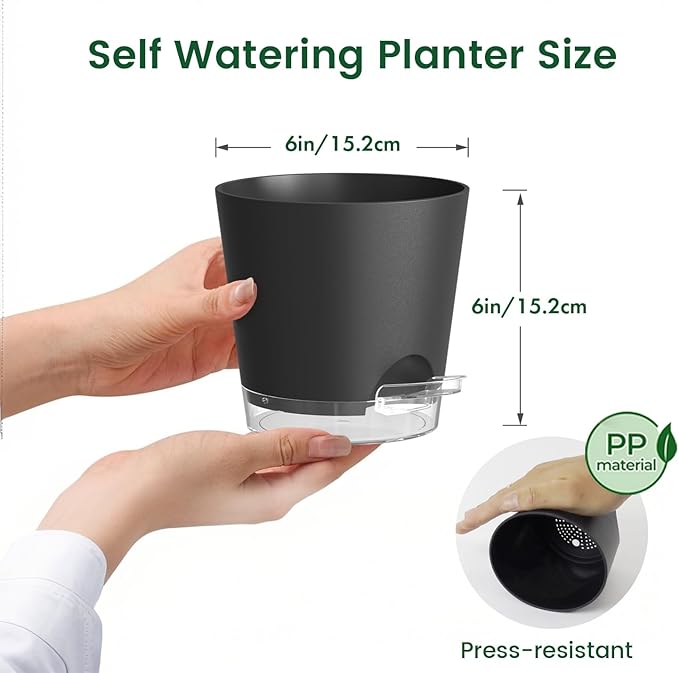 6 inch Self Watering Pots for Indoor Outdoor Plants, 6 Pack Flower Plant Pots with Drainage Holes and Clear Reservoirs, Visible Water Level, Plastic Planters with Wicking Rope, Black