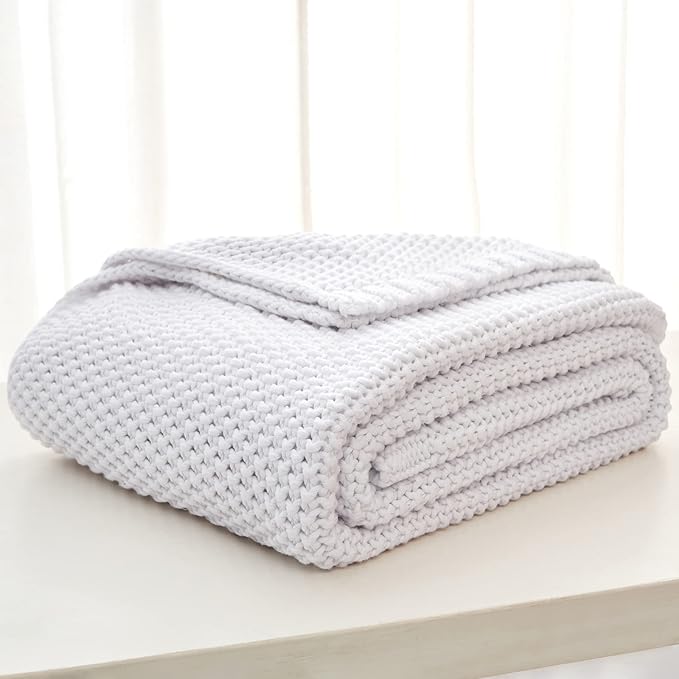 Chunky Cable Knit Throw Blanket Lightweight White 100% Organic Cotton Blanket for Sofa Couch Bed Baby Nursery, Rustic Shabby Chic Modern Farmhouse, Pure White 51” x 63” Give Laundering Bag