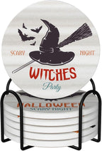6 PCS Halloween Coasters with Metal Holder and Cork Base Ceramic Drink Coasters Absorbent Cup Mat Non-Slip for Home Kitchen Office Table Decor, 4 Inch Halloween 1