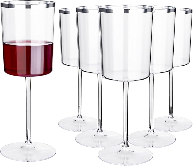 Ciaell 12 Pack Plastic Wine Glasses - 14 Oz Plastic Wine Glasses with Stem - Square Silver Disposable Stemmed Glass for Parties & Weddings & Outdoors