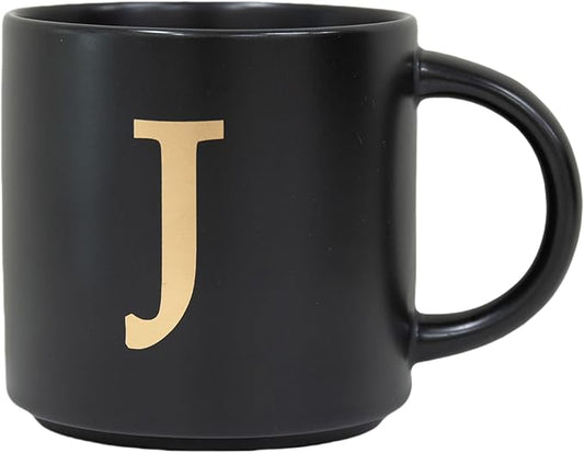 COLLECTIVE HOME - Monogram Ceramic Mugs, 15 oz Golden Initial Black Coffee Cups, Elegant Alphabet Tea Mugs, Elegant Personalized Mug with Gift Box, Unique Mug with Double Side Capital Lette (J)