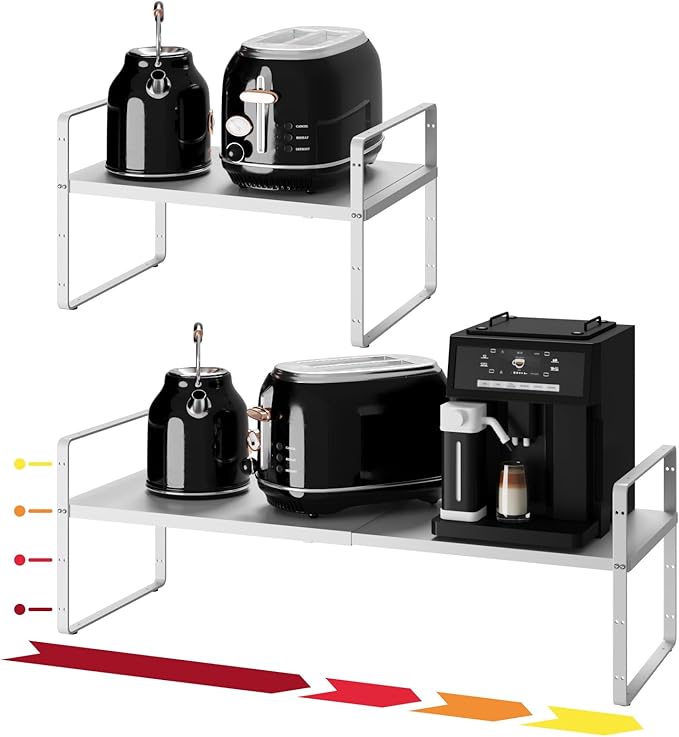 16.5~27.1" Expandable Shelf Organizer, 1Pack 10.2" Wide Stackable Cabinet Shelf Organizers, White Metal Sturdy Kitchen Counter Storage for Countertop, Adjustable Height Spice Rack