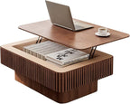 Lift Coffee Table with Storage & Adjustable Height, Solid Wood Coffee Table Fluted Center Table Accent Tea Table or Living Room, Apartment, Office (38.6" Walnut)