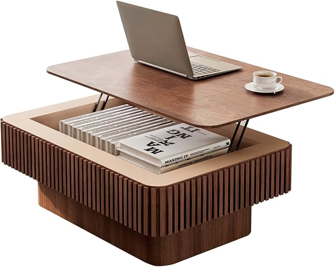 Lift Coffee Table with Storage & Adjustable Height, Solid Wood Coffee Table Fluted Center Table Accent Tea Table or Living Room, Apartment, Office (38.6" Walnut)