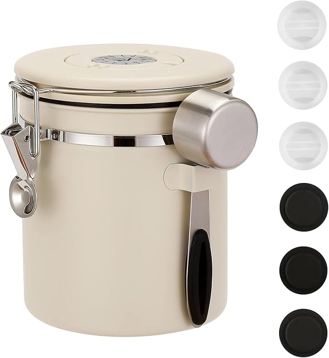 ShanSon Coffee Canister Airtight Coffee Container Stainless Steel Coffee Bean Storage Container with Scoop Coffee Canister for Beans Grounds Sugar Flour Tea Cereal,16OZ, Beige
