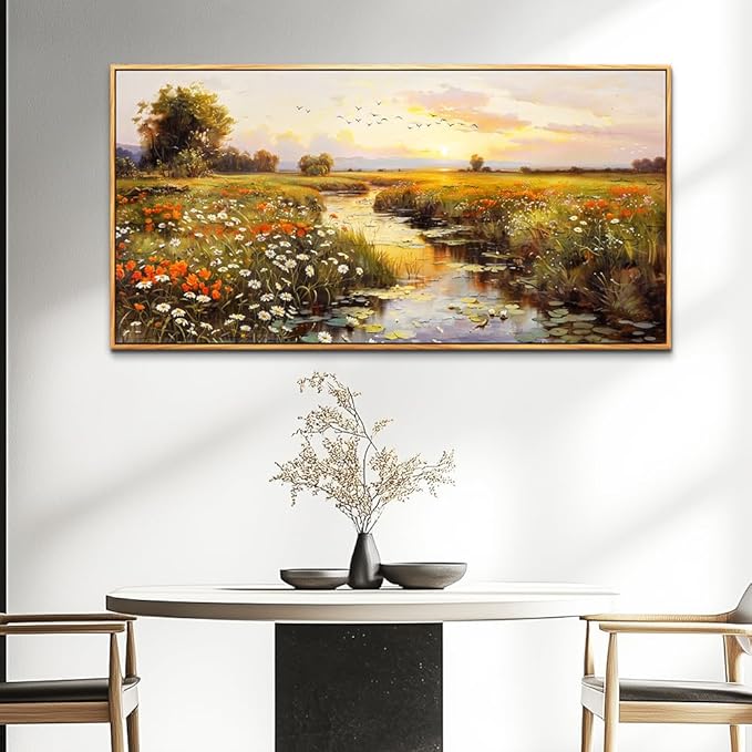 PHAOHUAXM Large Canvas Wall Art For Living Room Wall Decor For Bedroom Watercolour Painting Office Decoration Countryside Sunrise Scenery Wall Picture Home Decor Ready To Hang 30x60 In Wood Framed