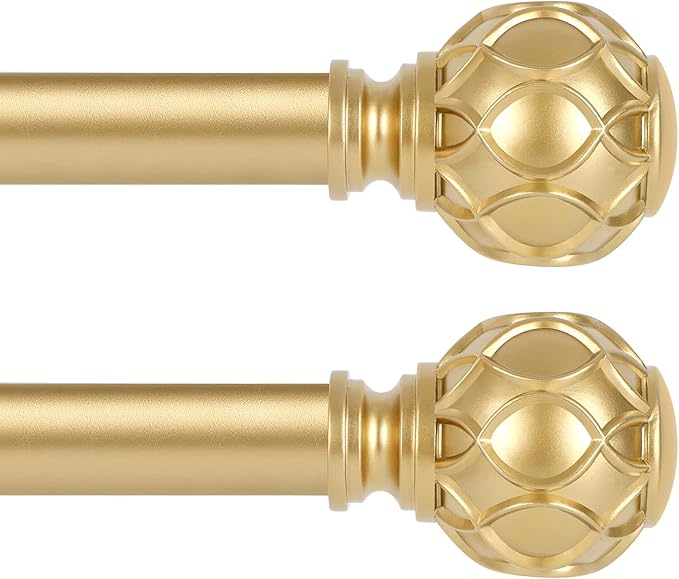Gold Adjustable Curtain Rods for Windows:Farmhouse Heavy Duty Curtain Rod for Bedroom Living Room,Boho Decorative Rustic Drapery Rod with Vintage Coastal Texture Finial,Brass Gold 2Pack 18-45"