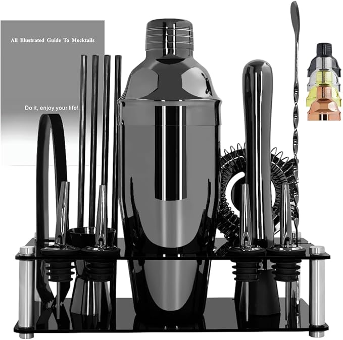 14-Piece Cocktail Shaker Set Bartender Kit with Black Stand, Bar Tool Set for Drink Mixing Bartending Kit Bar Sets Accessories: 750ml(25oz) Shaker, Jigger, Muddler, Cocktail Recipes (Black)