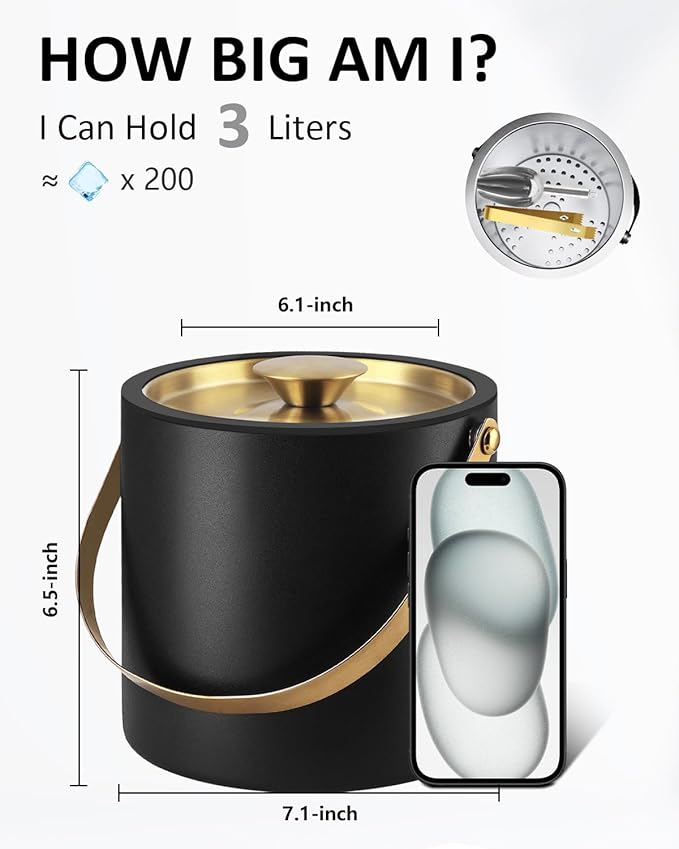 3L Ice Bucket with Silicone Lid, Scoop, Gold Tongs & Strainer, Stainless Steel Double Wall Insulated Ice Buckets for Parties & Cocktail Bar, Outdoor Champagne Ice Container Bin, Black