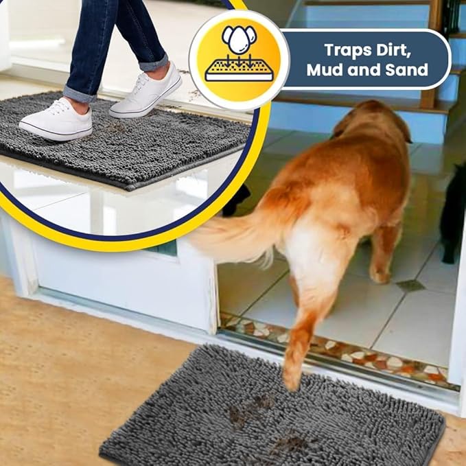 Muddy Mat® 4-Piece Grey Medium 30"X19" AS-SEEN-ON-TV Highly Absorbent Microfiber Door Mat, Bath Mat and Pet Rug, Non Slip Thick Washable, Soft Chenille for Kitchen Bathroom Bedroom Indoor and Outdoor