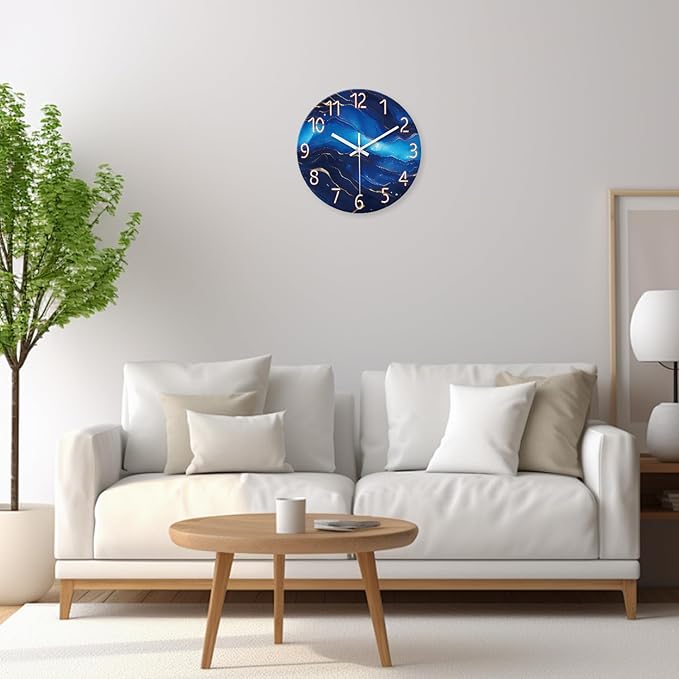 Glass Wall Clocks Battery Operated 14 Inch Modern Abstract Wall Clock for Bedroom Blue Wall Clock Silent Non Ticking