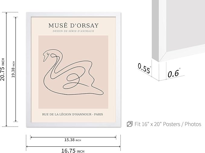 Poster Master Vintage Poster - Retro One Line Swan Drawing Print - Swan Art - Bird Art - Minimal Gift for Her, Animal Lover - Abstract Decor for Home, Office, Bedroom, 16x20 White Framed